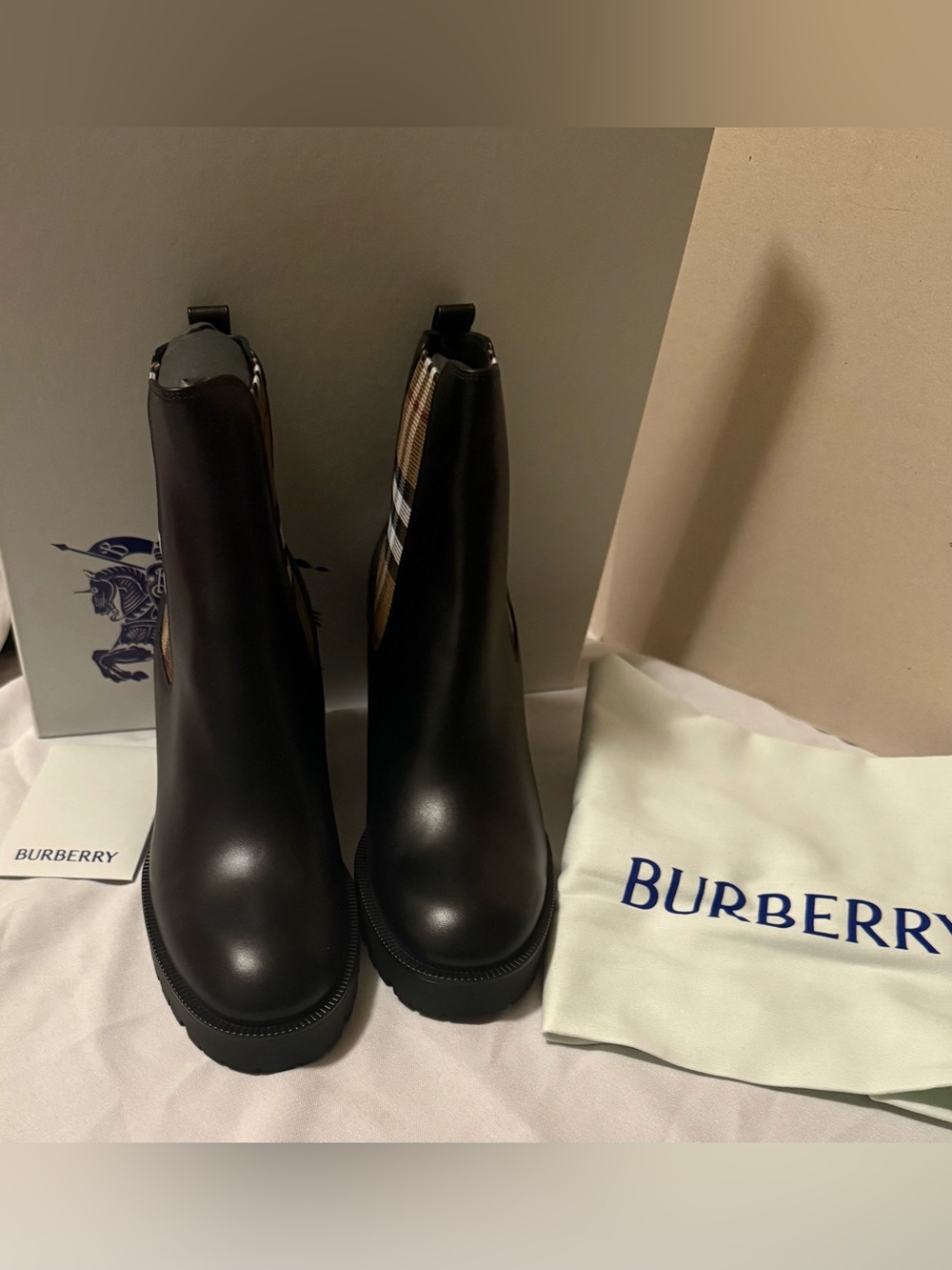 Burberry Check Panel Leather Ankle Boot Sz EUR 38 - Picture 6 of 10